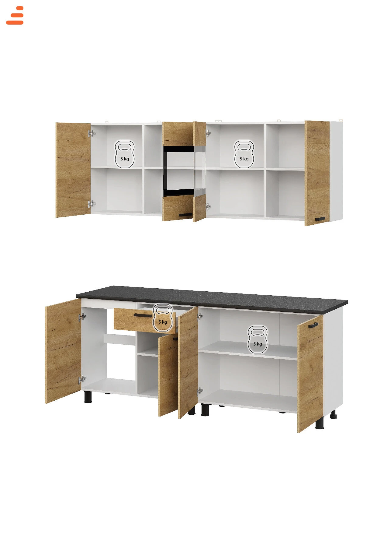 Кухонный гарнитур Абрау 2 м, мебель для дома и кухни, Белый / Дуб золотой / столешница Черный
