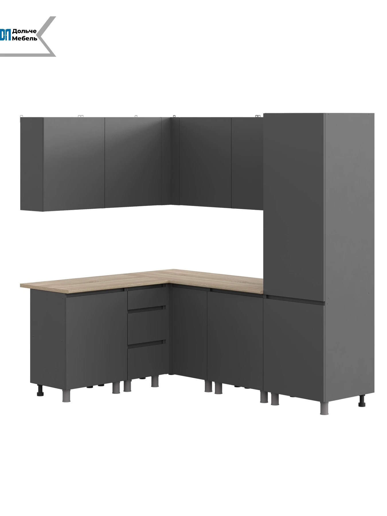 Кухонный гарнитур угловой Денвер 220х160 см с пеналом, модульная кухня без столешницы, цвет графит серый