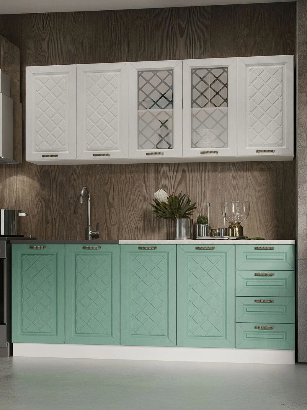 Кухонный гарнитур Агава 2 м, мебель для дома и кухни, Акация белая / Мята / столешница Калаката
